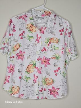 Basic Editions White Button-Up Shirt with Pink Flowers & Yellow Pineapples